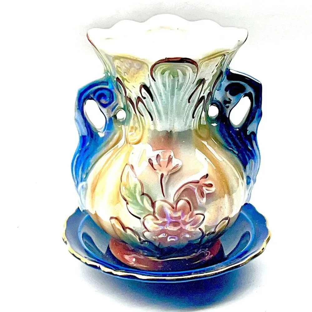 Vintage Iridescent Ceramic Flower Vase RARE w/Base/Plate - Hand-Painted #422